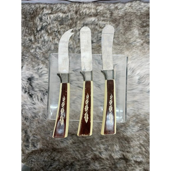Vintage Regent Sheffield 3 Pieces Woodgrain Brown Tan Leaf Design Stainless Stee - Picture 1 of 12